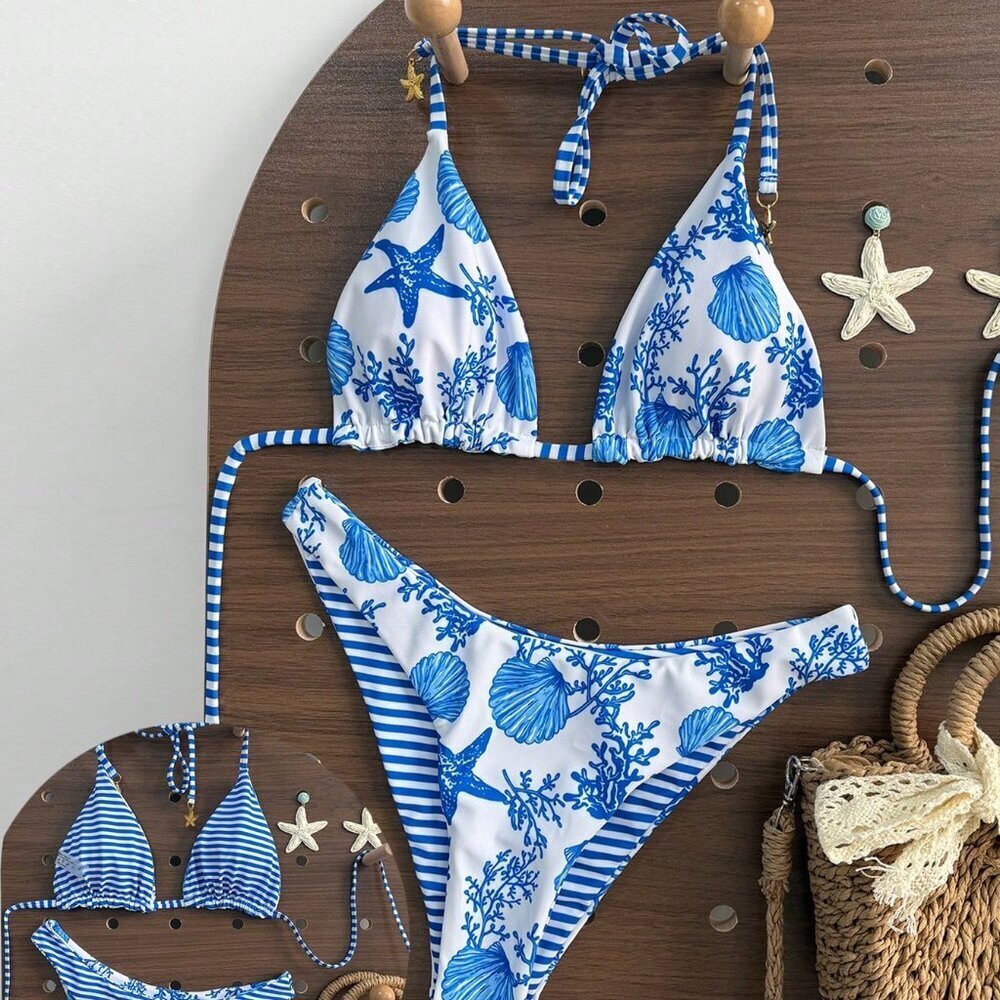 Multicolor Cute Women's Beach Reversible Bikini Set
